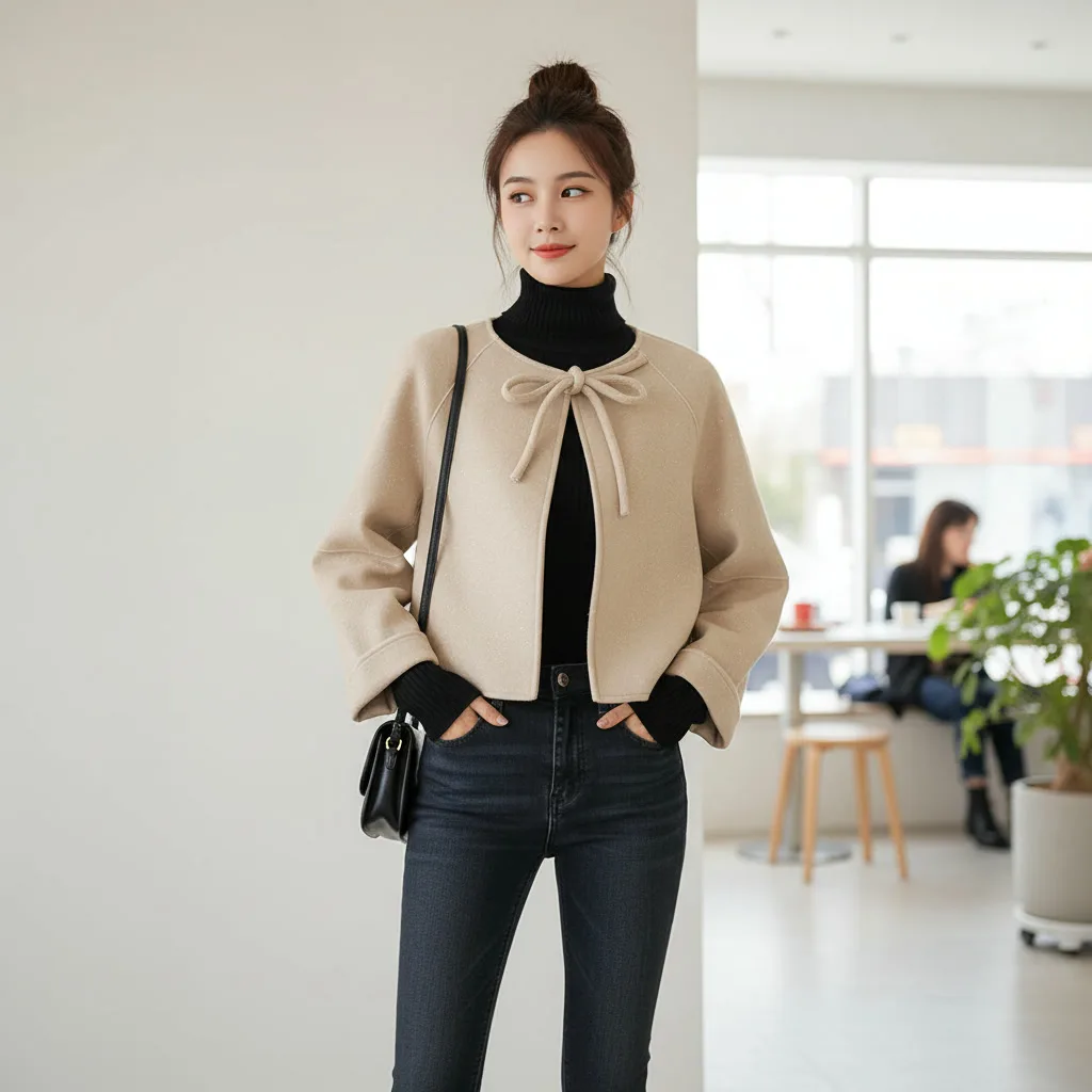 Chaqueta Corta en Paño Beige con Lazada al Cuello y Manga Raglán